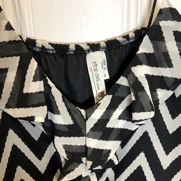 Pink Owl Black and White Chevron Midi Dress with V Neck Ruffle Accent - Size S - Picture 3 of 4